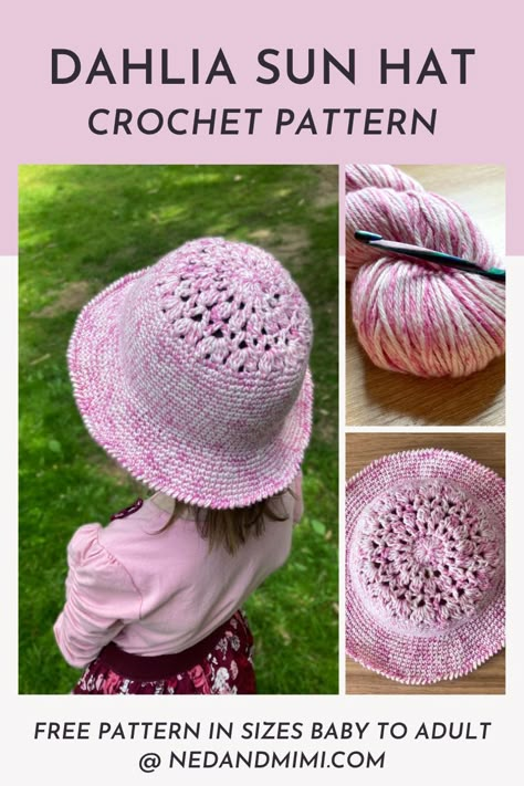 This crochet sun hat is the perfect way to keep little (and big!) heads safe in the hot summer months. With a fun floral motif on the crown, and a simple single crochet body, the hat is so quick to work up. And the pattern is written for 6 sizes (from Baby to Adult), so it’s perfect for making sun hats for all the family! Crochet Baby Sun Hat Free Pattern, Crochet Summer Hats Kids, Kids Bucket Hat Crochet, Crochet Summer Hats Free Pattern Easy, Crochet Cotton Sun Hat, Baby Bucket Hat Crochet, Crochet Summer Hats Free Pattern, Crochet Sun Hat Free Pattern, Crochet Baby Sun Hat