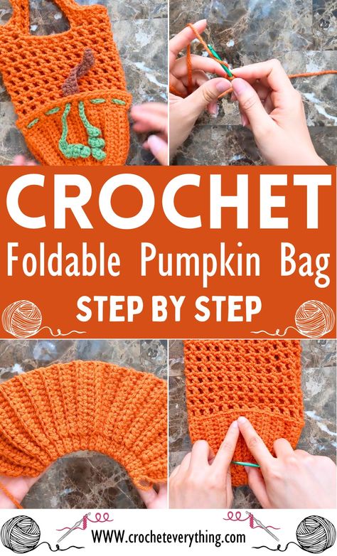 Crochet Foldable Pumpkin Bag Tutorial Granny Square Stocking, Pumpkin Bag, Scarf Tutorial, Foldable Bag, Easy Crochet Stitches, Stocking Pattern, Crochet Sunflower, Adorable Crochet, Three Cats