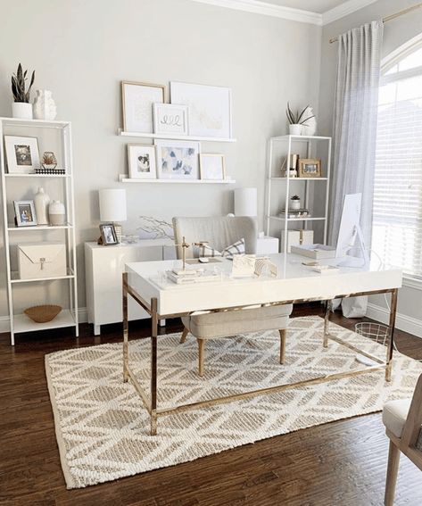 11 Stunning Home Offices With Feminine Desks. Big pretty work spaces that appeal to women with pretty desks. Entry Office Home, Corner Office Setup At Home, Billy Bookshelf Home Office, Office Scent Ideas, Home Office Boho Chic Desks, Gray White And Gold Office, Girly At Home Office, Mint Green Office Decor, Office With Window Behind Desk