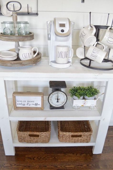 DIY Coffee Bar Table | how to build your own farmhouse style distressed coffee bar table. Diy Coffee Bar Table, Diy Coffee Station, Diy Coffee Bar, Farmhouse Coffee Bar, Coffee Bar Design, Home Coffee Stations, Coffee Nook, Home Coffee Bar, Coffee Bar Home