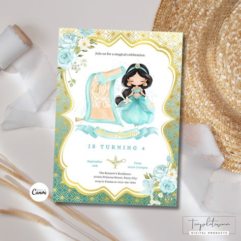 Editable Jasmine Birthday Invitation Princess Jasmine Invite Magical Girl Birthday Invite Princess Party Template Digital Download by Templatesium on Etsy Princess Jasmine 3rd Birthday, Jasmin Aladdin, Jasmine Invitation, Birthday Invitation Princess, Princess Jasmine Birthday Party, Princess Jasmine Birthday, Jasmine Birthday, Party Template, Princess Jasmine