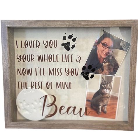 Personalized pet memorial shadow box. Pet Memorial Ideas Dogs, Dog Shadow Box, Personalized Shadow Box, Colored Shadow, Cat Shadow, Pet Grave Markers, Personalized Pet Memorial, Memorial Signs, Pet Ashes