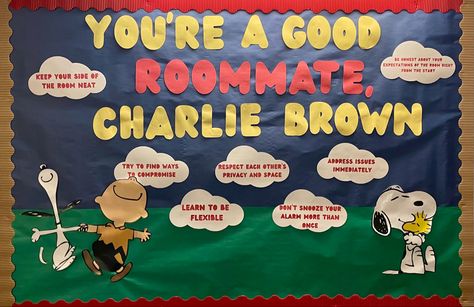 Communication Bulletin Board Ideas, Roommate Bulletin Board, Roommate Conflict Bulletin Board, Charlie Brown Bulletin Board Ideas, Ra Bulletin Boards Community, Peanuts Ra Theme, Snoopy Ra Board, Peanuts Bulletin Board Ideas, Residential Assistant Bulletin Boards