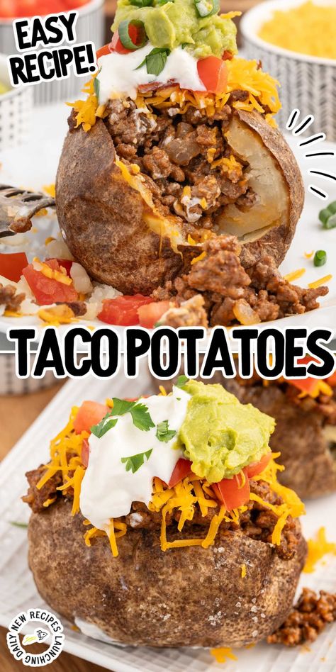 Baked Potato Tacos Ground Beef Over Baked Potatoes, Stuffed Baked Potatoes With Ground Beef, Taco Baked Potato Recipes, Taco Stuffed Baked Potatoes, Mexican Baked Potato, Stuffed Baked Potato Recipes, Taco Baked Potato, Taco Potatoes, Reunion Recipes