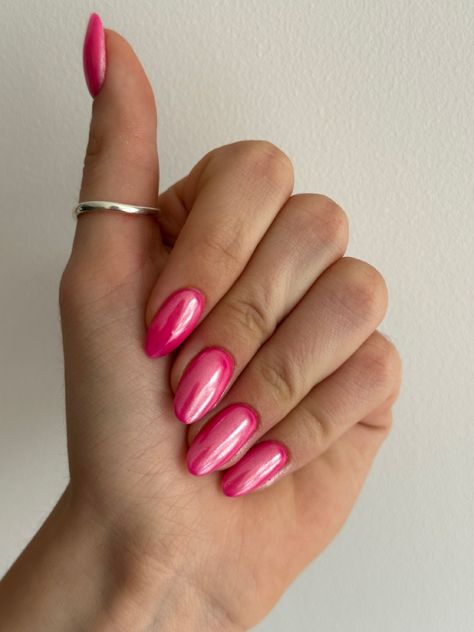 Neon Pink Chrome Nails, Pink Shiny Nails, Hot Pink Chrome Nails, Hot Pink Chrome, Pink Chrome Nails, Shape Nails, Pink Chrome, Almond Shape Nails, Shiny Nails