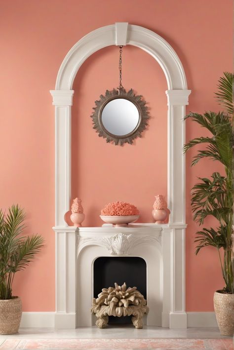 CoralFountain, BehrCoralChoice, 2024ColorTrends, PaintInspiration Coral Pink Accent Wall, Coral Accent Wall Bathroom, Coral Feature Wall, Dusty Coral Paint, Behr Coral Paint Colors, Coral Wall Paint, Coral Painted Walls, Salmon Paint Color, Coral Paint Color