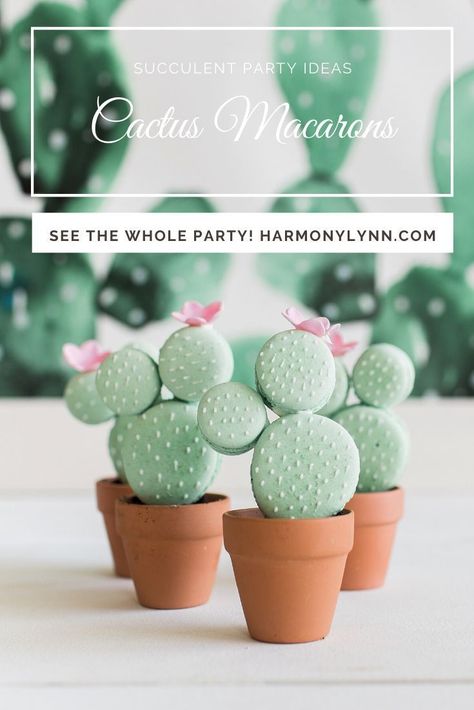 Cactus macarons and adorable ideas for a cactus potting party at home! Cactus Macarons, Potting Party, Edible Soil, Terracotta Plates, Green Tablescape, Pink Apron, Buttercream Cake Decorating, Cactus Party, Fiesta Birthday