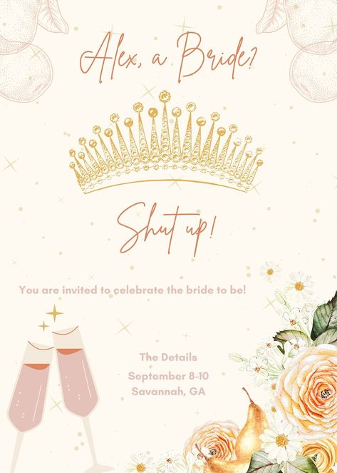 Princess Diaries Bachelorette Invitation and Itinerary / Me a Bride Shut up / Princess Diaries / Bachelorette Itinerary - Etsy Bachelorette Party Trip Ideas, Princess Bachelorette Party, Vintage Garden Wedding, Bachelorette Invitation, Bachelorette Itinerary, Bachelorette Party Planning, Bachelorette Invitations, Princess Diaries, Bachelorette Party Themes