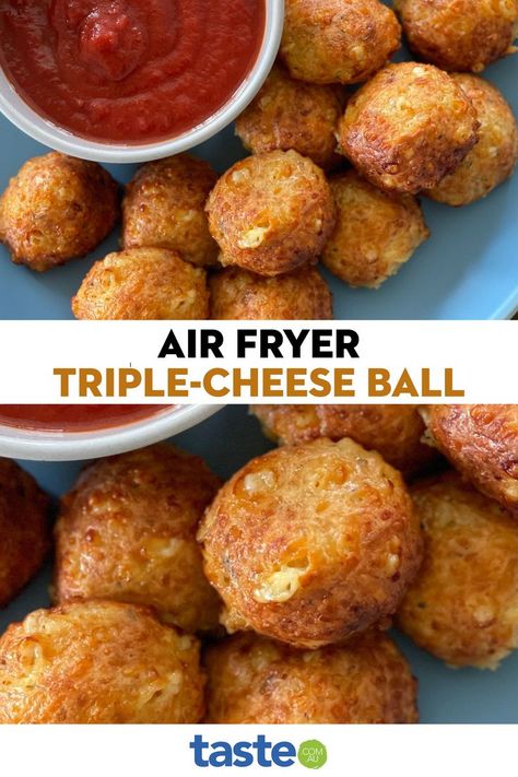 We tasked taste.com.au's expert Digital Food Director Amira Gerogy to road test the Philips air fryer by whipping up a batch of triple cheese balls. The result? Crispy, golden and, of course, cheesy balls that rid the need for deep frying, and are far easier to cook and clean up after. Air Fryer Recipes Uk, Philips Air Fryer, Air Fryer Cooking Times, Air Fried Food, Digital Food, Air Fryer Oven Recipes, Air Fry Recipes, Air Fryer Recipes Chicken, Easy Cheesecake Recipes