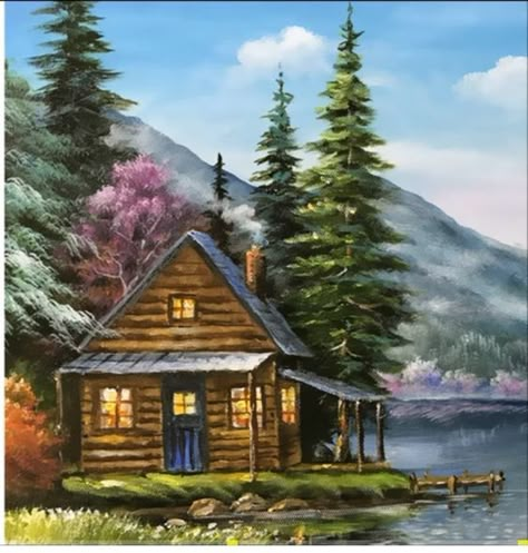 Cabin Scene Painting, House In The Mountains Painting, Cabin In The Woods Painting Easy, House In The Woods Painting, Cabin Painting Easy, Cabin Paintings On Canvas, Cabin Painting Acrylic, Pnw Painting, Cabin In The Woods Painting