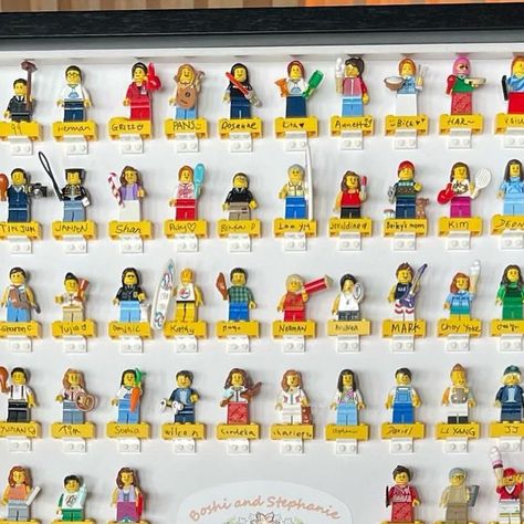 Jan’s Lego on Instagram: "Finally completed a very special lego project for my cousin’s wedding! We had every guest to make their own minifigure for the guestbook 💜 🥳  #ChanwanBoshi #wedding #congratulations #guestbook #lego" Lego Wedding Seating Chart, Wedding Lego Guest Book, Lego Seating Chart, Lego Guest Book, Lego Guest Book Wedding, Lego Wedding Ideas, Lego Wedding, Lego Wall, Lego Gifts