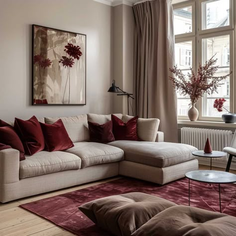 Modern Room Looks with Burgundy and Beige Color Schemes • 333+ Inspiring Lifestyle Ideas Colors For Living Room Furniture, Color Schemes For Apartment, Living Room Designs Burgundy, Beige Color For Living Room, Burgundy Color Combinations Living Room, Living Room With Burgundy Accents, Front Room Color Ideas, Burgundy And Beige Bedroom, Burgundy And Beige Living Room