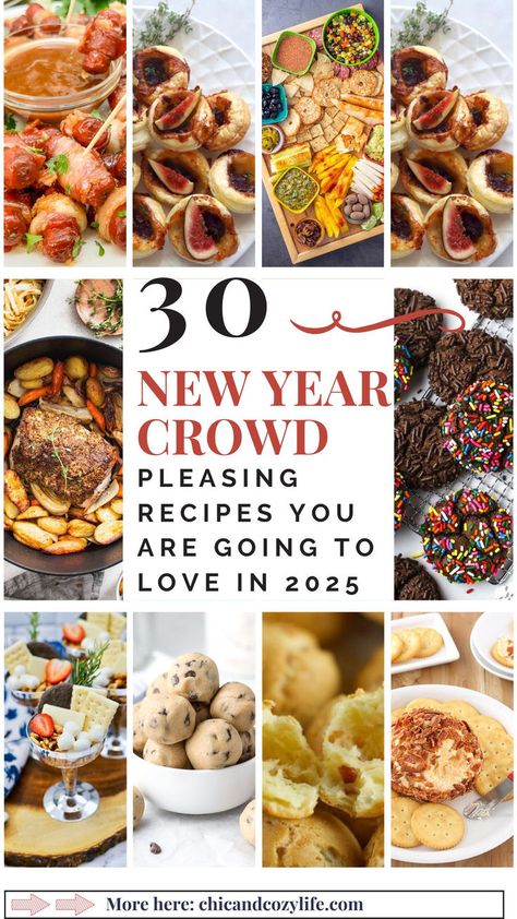 30 New Year Eve Recipes: new year appetizrs, side dishes, new year's eve food, new years eve snacks, food for a crowd, new year eve food tradition, maxican recipes, italian new years food ideas. New Years Eve Rice Krispie Treats, New Years Eve Breakfast Ideas, New Year Potluck Ideas, Traditional New Years Eve Food, New Years Dinner Ideas Meals Families, New Year Side Dishes, New Years Food Ideas Tradition, Easy New Year’s Day Recipes, New Years Eve Side Dishes