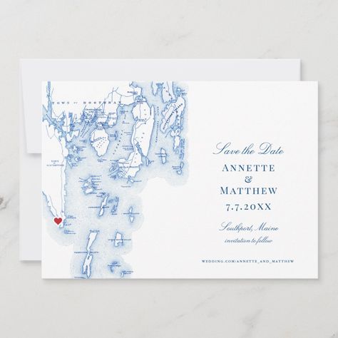 Boothbay Maine, Seaside Inn, Boothbay Harbor Maine, Boothbay Harbor, Blue Map, Envelope Addressing, Photo Save The Date, Maine Wedding, Save The Date Card