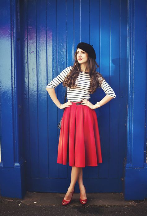 French Inspired Outfits, French Costume, French Party, Parisian Party, Red Midi Skirt, Paris Theme Party, French Theme, Paris Birthday, French Beret