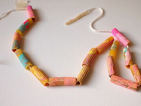 One example of macaroni necklace found Arts And Crafts For Toddlers, Pasta Necklace, Painted Pasta, Pasta Crafts, Summer Calendar, Pasta Art, Motor Coordination, Toddler Craft, Toddler Painting