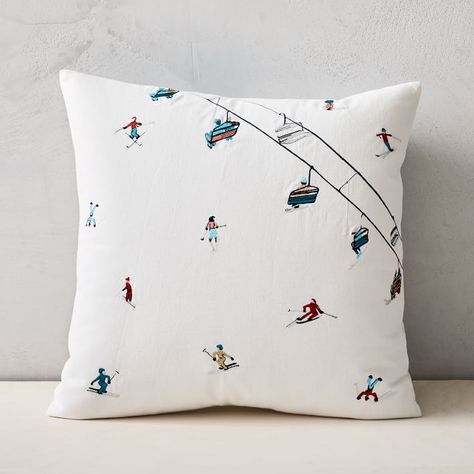 Embroidered Ski Slope Pillow Cover | West Elm Ski Slope, Ski Art, Ski Decor, Tinsel Tree, Modern Christmas Decor, Stylish Curtains, Ski Slopes, Modern Throw Pillows, Holiday Pillows