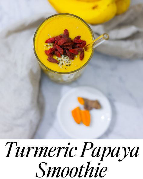 In this picture you can see a Turmeric Papaya Smoothie Inflammatory Smoothies, Papaya Smoothie, Refreshing Snacks, Inflammatory Recipes, Creamy Smoothies, Smoothie Packs, Vitamix Recipes, Unsweetened Coconut Milk, Superfood Smoothie