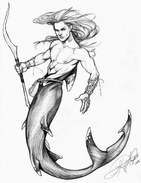 Male Mermaid Art, Oceanic White Tip Shark, White Tip Shark, Male Mermaid, 50 Tattoo, Mermaid Tattoo Designs, Mermaid Artwork, Mermaid Drawings, Drawing Examples