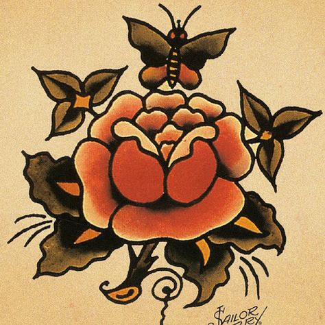 Sailor Jerry rose and butterfly A Rose Tattoo, Sailor Jerry Flash, Sailor Jerry Tattoo Flash, Old School Rose, Sailor Jerry Tattoos, Tattoo Old School, Handpoke Tattoo, Traditional Flash, Old School Tattoo Designs