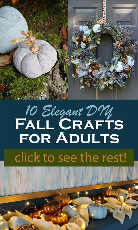 DIY fall crafts for adults - pictured are 3 of 10 tutorials linked in the blog post: concrete pumpkins, moody DIY fall wreath in shades of aqua, copper and purple, plus DIY concrete pumpkins. Concrete Pumpkins Diy, Fall Crafts For Adults Diy, Fall Crafts For Teens, Fall Crafts For Seniors, Concrete Pumpkins, Diy Fall Crafts, Diy Fall Decor Ideas, Pumpkins Diy, Fall Crafts For Adults