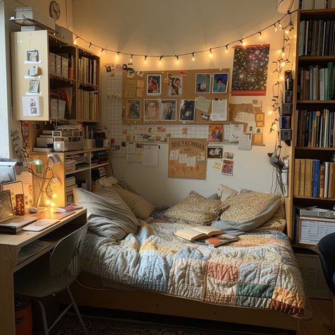 bedroom3 Cozy study room with a quilted bed, bookshelves, desk, and string lights for a warm, inviting atmosphere. | Sky Rye Design Shelving Around Bed, Room Ideas Downtown, Square Room Layout Bedrooms, Small Bedroom With Desk, Bed Bookshelves, Bed With Bookshelves, Cozy Study Room, Bookshelves Desk, Box Room Ideas