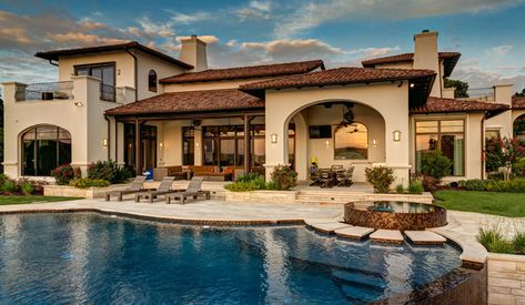 Austin Lake Residence - Mediterranean - Exterior - Austin - by Geschke Group Architecture | Houzz Mediterranean Villa Exterior, Spanish Hacienda Homes, Boho Mediterranean, Mediterranean Exterior Homes, Mediterranean Homes Exterior, Hacienda Homes, Villa Exterior, Mediterranean Exterior, Mediterranean Mansion