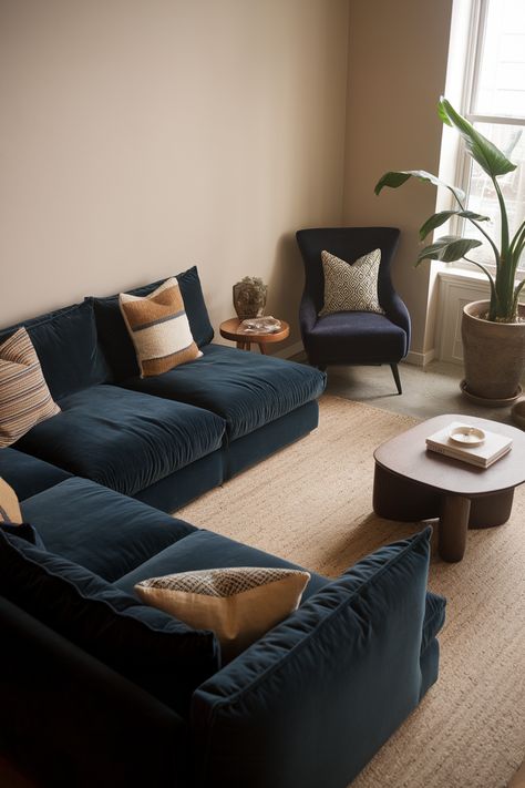 19+ Beautiful Home Decor Ideas to Transform Your Space into a Cozy Retreat Cozy Blue Couch Living Room, Blue Sofa Neutral Living Room, Modern Living Room With Blue Couch, Navy Sofa Styling, Blue Sofa Lounge, Dark Blue Velvet Couch, Colorful Small Living Room, Dark Blue Couch Living Room, Navy Sofa Living Room Colour Schemes