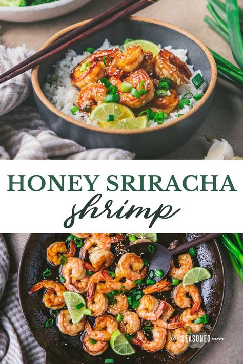 Sweet and spicy honey sriracha shrimp are coated in a spicy-sweet sauce for an easy, one-skillet dinner in just 15 minutes! Serve them over rice, in tacos, with ramen noodles, or on top of a fresh, crisp salad. Honey Sriracha Shrimp, Honey Siracha, Sriracha Shrimp, Honey Lime Shrimp, Honey Sriracha Sauce, Honey Shrimp, Shrimp Bowl, Snap Pea Salad, Crisp Salad