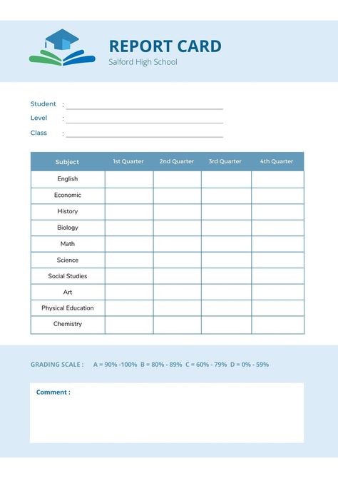 Blank Report Card Template Student Report Template, Students Report Card, Student Report Card, School Report Card, Progress Report Template, Easy Cartoon, Report Card Template, Work Habits, Print Outs