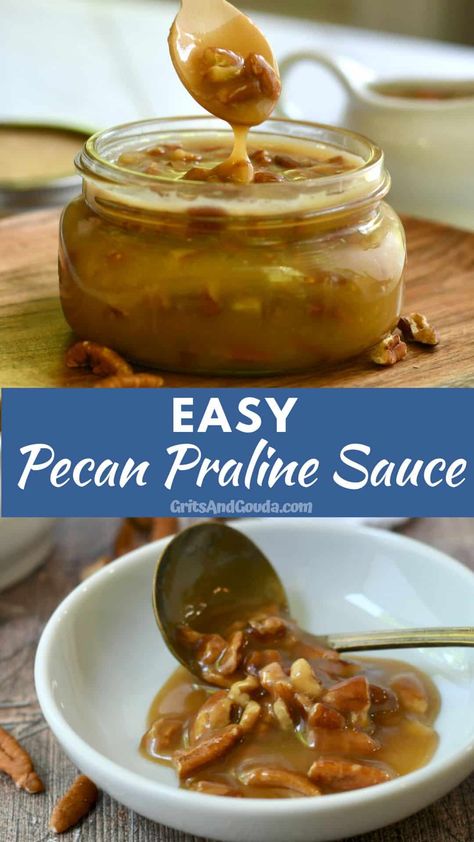 This Easy Pecan Praline Sauce recipe is ridiculously simple to make in less than 10 minutes with 4 ingredients! Made with whipping cream, butter, brown sugar, lots of toasty pecans, this caramel pecan sauce doesn't even need corn syrup to make it smooth and creamy. It's the ultimate pecan sauce for topping cheesecake, bread pudding, waffles and ice cream! Caramel Praline Sauce, Maple Pecan Topping, Pecan Praline Sauce Recipe, Pecan Sauce For Cheesecake, Praline Sauce For Cheesecake, Praline Sauce For Bread Pudding, Caramel Pecan Sauce Recipe, Pecan Praline Filling, Pecan Praline Syrup Recipe