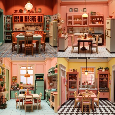 Wes Anderson Dollhouse, Wes Anderson Aesthetic Interior, Wes Anderson Kitchen, Doll House Aesthetic, Wes Anderson Living Room, Wes Anderson Interior Design, Wes Anderson House, Dollhouse Hack, Happy Hobbies