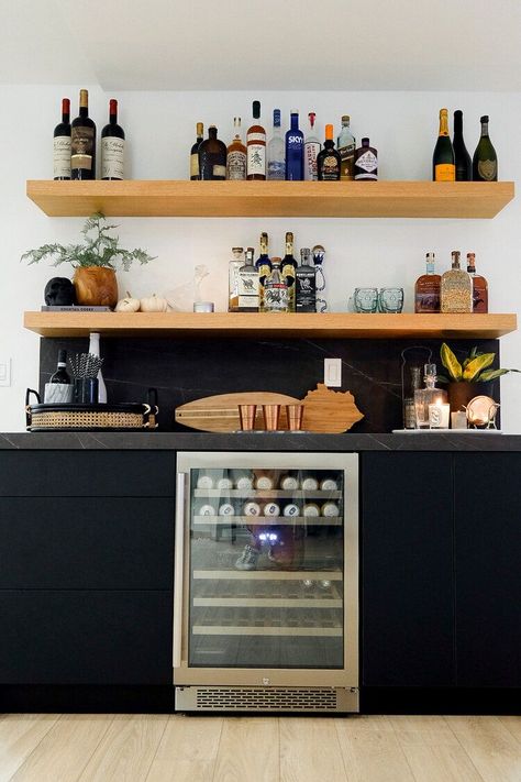 Bar With Wine Fridge, Bar With Floating Shelves, Uni Room Ideas Uk, Uni Room Ideas, Haley Jones, New Bedroom Ideas, Home Wet Bar, Home Bar Areas, Home Bar Cabinet