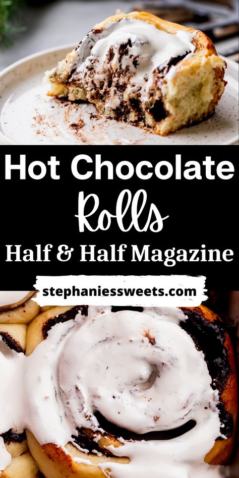 These hot chocolate rolls are super soft and fluffy rolls. They are filled with chocoalte and marshmallow icing. Hot Chocolate Cinnamon, Hot Chocolate Desserts, Chocolate Cinnamon Rolls, Marshmallow Icing, Chocolate Rolls, Fluffy Rolls, Pastries Recipes Dessert, Cinnamon Roll Bread, Cinnamon Roll Recipe Homemade