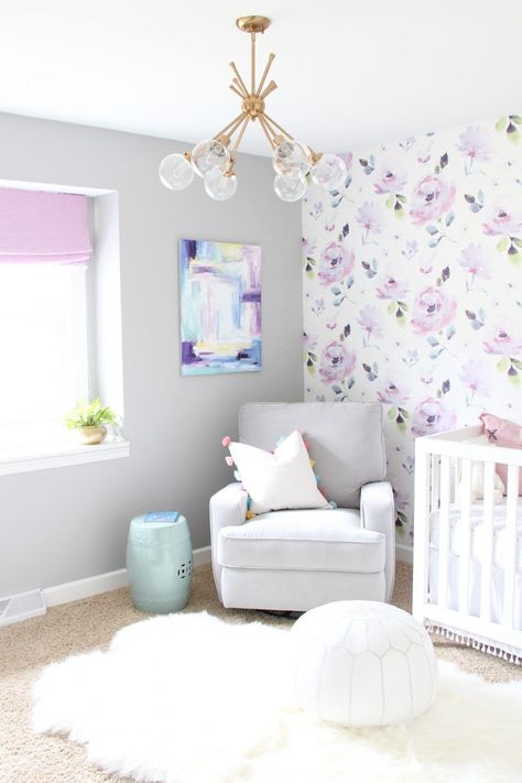 Baby Girl Nursery Purple Floral, Purple Themed Nursery, Lilac Nursery Baby Girl, Purple Baby Room, Purple Baby Girl Nursery, Purple Nursery Ideas, Girl Nursery Purple, Purple Floral Nursery, Purple Nursery Girl