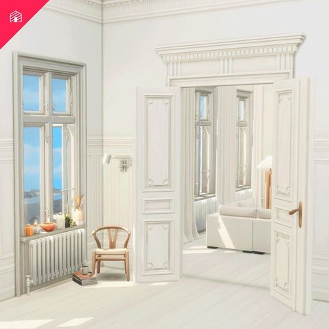 The Apartment: Copenhagen - Part One | Patreon Copenhagen Apartment, Apartment Door, Tall Windows, Happy July, Neutral Interiors, The Apartment, Sims 4 Build, Wood Ceilings, Painted Ceiling