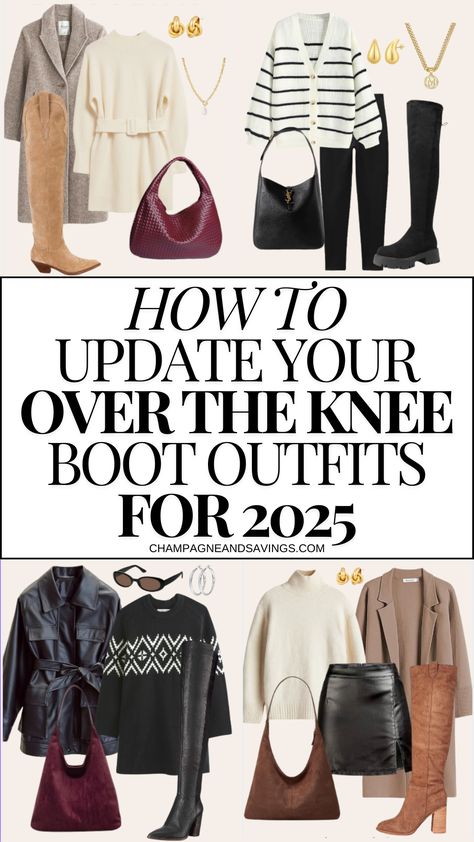 Want to update your knee high boots outfits for 2025? Try these OTK boots outfit ideas that are perfect if you don't want to party with these women's shoes this winter! Sharing the best ways to modernize your over the knee boots so you can look chic all winter long. Cognac Boots Outfit Knee Highs, Over The Knee Boots 2024, Winter Outfits With Tall Boots, Over The Knee Boot Outfit 2024, Over Knee Boots Outfit Winter, Winter Knee High Boots Outfit, Knee High Suede Boots Outfit, Long Boot Outfits, Long Boots Outfit Winter Knee Highs