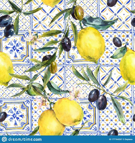 Illustration about Watercolor lemon, olive branches ornament seamless pattern, hand drawn yellow, blue print texture. Vintage summer wallpaper. Illustration of fruit, italy, citrus - 177164267 Italian Pattern, Watercolor Lemon, Lemon Painting, Lemon Art, Olive Branches, Geometrical Pattern, Lemon Patterns, Summer Wallpaper, Prepasted Wallpaper