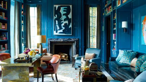 Travel - Institute of Classical Architecture & Art Steven Gambrel, Modern Maximalist, Moody Colors, Wooden Beams Ceiling, Georgian Townhouse, Blue Ceilings, Blue Office, London House, Gloss Paint