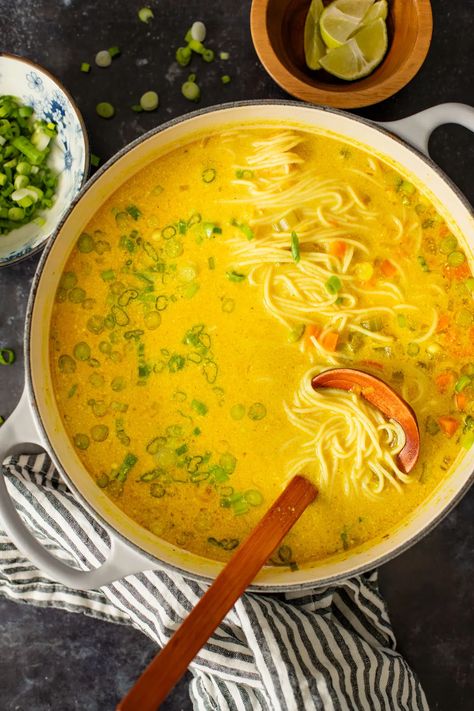 This Golden Coconut Noodle Soup is healthy & heart warming. A coconut curry broth, crispy baked tofu & tender rice noodles | ThisSavoryVegan.com #vegansoup #noodlesoup #healthysoup Vegan Ramen Soup Recipes, Asian Rice Noodle Soup, Tofu Soup Recipes, Tofu Noodle Soup, Coconut Noodle Soup, Coconut Tofu, Vegan Broth, Curry Broth, Crispy Baked Tofu