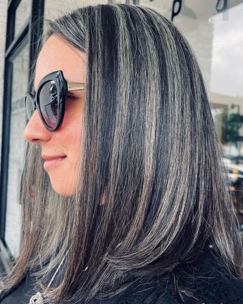 Modern Gray Blending Look Dark Hair With Grey Balayage, Dark Hair Going Gray, Grey Blending Dark Hair, Camouflage Gray Hair, Gray Blending Hair Dark Brown, Gray Hair Blending, Razor Cut Hair, Gray Blending, Grey Blending