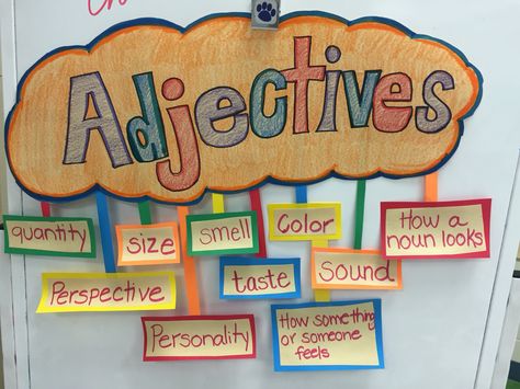 My students loved the anchor chart of adjectives! Adjective Chart Classroom, Adjective Chart Ideas, Adjective Project For Kids, Adjectives Chart For Kids, Av Aids Ideas, Adjective Chart, Adjectives Chart, Adjectives Anchor Chart, Adverbs Anchor Chart