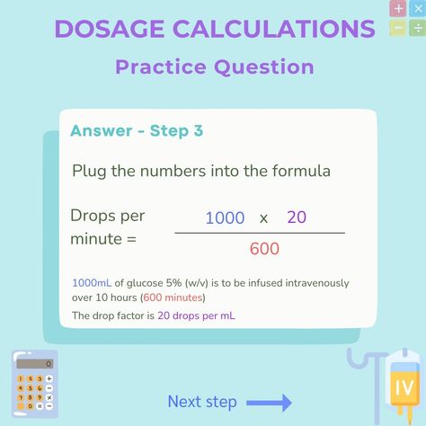 🌟 Hit that like button if you want to see more dosage calculation examples ❤️ Dosage Calculation Practice Question for student nurses, registered nurses and nursing associates. Follow these simple steps using the drug formula to work out the IV drip rate. Drug calculations made easy! #dosage #dosagecalculation #drugcalculations #nclexpreparation #nclexquestions #pharmacology2 #pharmacologymcq #pharmacologymadeeasy #nursingtips #nursingnotes Dosage Calculations, Nclex Questions, Iv Drip, Nursing Tips, Nursing Notes, Like Button, Pharmacology, Question And Answer, Nursing Students