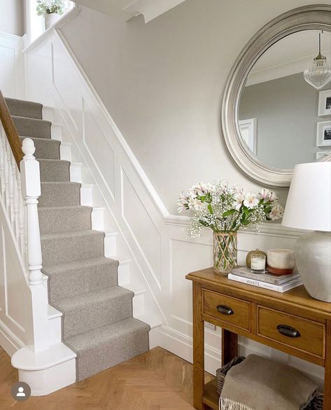 Staircase Paneling, Stairs And Hallway Ideas, August Flower, House Renovation Design, Stair Paneling, Entrance Hall Decor, White Hallway, Hallway Colours, Storage Hallway