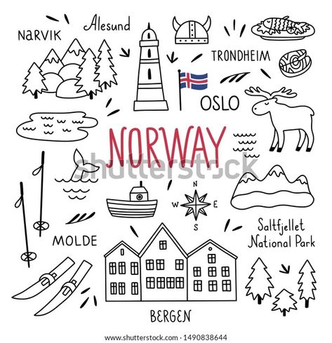 Norway Tattoo Ideas, Norway Embroidery, Bullet Journal Voyage, Norway Drawing, Norway Illustration, Norway Tattoo, Doodle Trees, Norway Roadtrip, Travel Elements