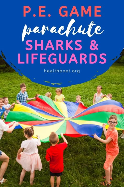 Sharks And Lifeguards Game, Fun Pe Activities For Kids, Ocean Themed Pe Games, Pe Ideas For Kindergarten, Shark Week Games For Kids, Under The Sea Physical Activities, Parachute Games For Teens, Pe Kindergarten Games, Phys Ed Games Elementary