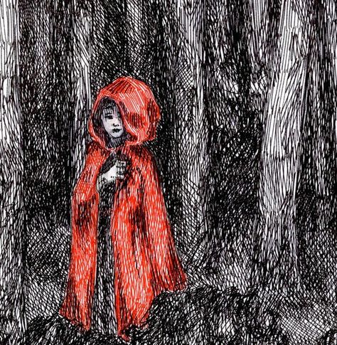 Fear's Uncloaking - Little Red Riding Hood fine art print Emphasis Art, Emphasis In Art, Red Riding Hood Art, Contrast Art, Interesting Drawings, Fine Writing Instruments, Principles Of Art, Principles Of Design, Beautiful Pen