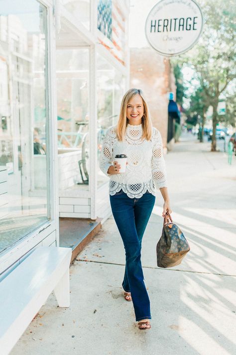 Cream Lace Top Outfit, White Lace Top Outfit, Lace Top Outfit White, Summer Fashion For Women, White Lace Shirt, Cream Lace Top, Day Outfit Ideas, I Have Nothing To Wear, Fashion For Women Over 40