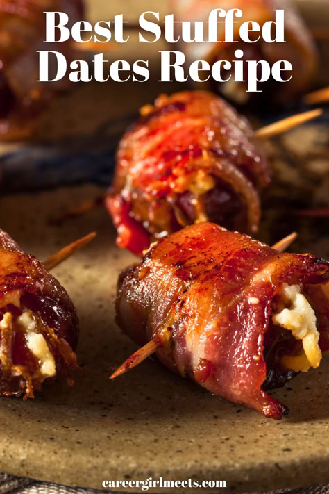 This bacon-wrapped stuffed dates recipe is an incredible appetizer to serve for any occasion, especially Thanksgiving, Christmas, New Year's, birthdays, and any party occasion. These Medjool dates are stuffed with creamy goat cheese and then wrapped with bacon. Bake them in the oven and top with a slightly sweet balsamic glaze and fresh chives. Savory and simple, this is an incredible cheese appetizer. You can use prosciutto and blue cheese if you wish.

// easy stuffed dates recipe // bacon Bacon Dates, Wrapped Dates, Stuffed Dates, Bacon Wrapped Dates, Cheese Appetizer, Creamy Goat Cheese, Bacon Appetizers, Wrapped In Bacon, Cheese Wrap