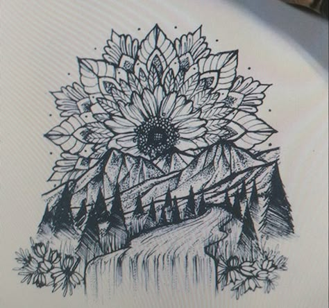 Mandala Mountain Tattoo, Mountain Foot Tattoo, Floral Mountain Tattoo, Strong Flower Tattoo, Montana Tattoo, Tiny Foot Tattoos, Cute Hand Tattoos, Drawing Painting Ideas, Tattoos For Women Half Sleeve